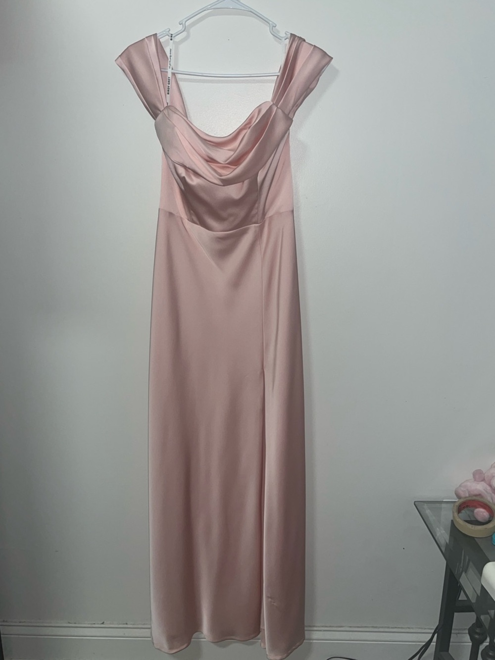 Birdy grey pink off the shoulder satin maxi dress